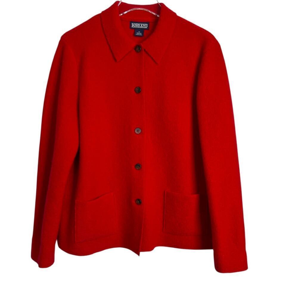 Lands’ End Wool Button Front Red Jacket Classic Solid Coat in Red Womens Size 12